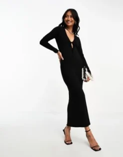 ASOS DESIGN - Vestito Midi A Maniche Lunghe Con Scollo Profondo E Laccetti Davanti Nero -Vendite ASOS Maternity || RIVER ISLAND || Monki 205154767 4