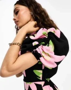 ASOS DESIGN Petite - Vestito Da Giorno Oversize Corto Nero A Fiori Con Maniche A Sbuffo E Colletto Smerlato -Vendite ASOS Maternity || RIVER ISLAND || Monki 205162668 3