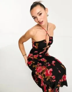ASOS DESIGN - Vestito Midi Allacciato Al Collo Rosso A Fiori In Rete Con Gonna Godet