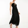 ASOS DESIGN - Vestito Midi Allacciato Al Collo In Rete Nero Con Gonna Godet