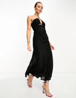 ASOS DESIGN - Vestito Midi Allacciato Al Collo In Rete Nero Con Gonna Godet