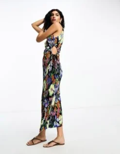 ASOS DESIGN - Vestito Midi Plissé Accollato Con Cut-out E Fermacorda Sul Lato Nero A Fiori