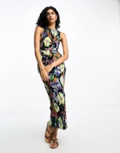 ASOS DESIGN - Vestito Midi Plissé Accollato Con Cut-out E Fermacorda Sul Lato Nero A Fiori -Vendite ASOS Maternity || RIVER ISLAND || Monki 205192757 4