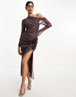 ASOS DESIGN - Vestito Midi Viola Glitterato Trasparente Con Fiori Applicati