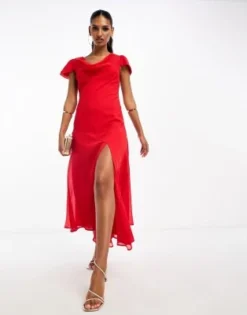 ASOS DESIGN - Vestito Midi Rosso In Chiffon Con Scollo Ad Anello, Maniche A Sbuffo E Fondo Asimmetrico