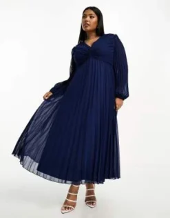 ASOS DESIGN Curve - Vestito Midi Blu Navy A Pieghe Con Scollo Profondo