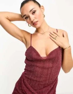 ASOS DESIGN - Vestito Midi Con Spalline Sottili In Maglia Lucida Color Mora Con Gonna Drappeggiata E Scollo Ad Anello -Vendite ASOS Maternity || RIVER ISLAND || Monki 205203095 2