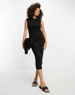 River Island - Vestito Midi Drappeggiato Nero Con Scollo Ad Anello