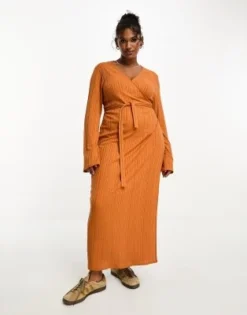 ASOS DESIGN Curve - Vestito Midi Avvolgente A Maniche Lunghe Color Ruggine Testurizzato Con Laccio Laterale -Vendite ASOS Maternity || RIVER ISLAND || Monki 205232874 3