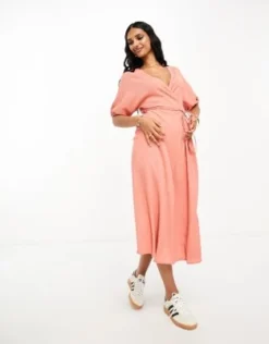 ASOS DESIGN - Vestito Midi A Portafoglio Testurizzato Stropicciato Color Ruggine Chiaro Con Laccetti Laterali -Vendite ASOS Maternity || RIVER ISLAND || Monki 205237307 4