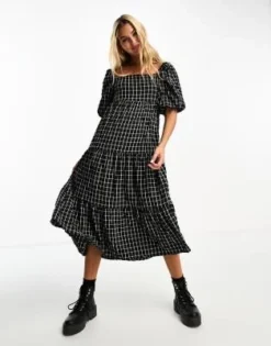 Monki - Vestito Grembiule Midi A Balze Nero A Quadri Con Maniche A Sbuffo -Vendite ASOS Maternity || RIVER ISLAND || Monki 205258477 3