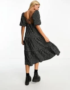 Monki - Vestito Grembiule Midi A Balze Nero A Quadri Con Maniche A Sbuffo -Vendite ASOS Maternity || RIVER ISLAND || Monki 205258477 4