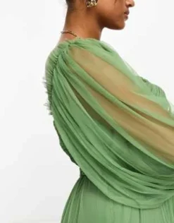 Lace & Beads Plus - Vestito Lungo Verde Oliva Con Volant E Maniche Trasparenti -Vendite ASOS Maternity || RIVER ISLAND || Monki 205303318 3