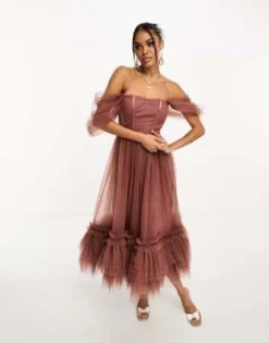 Lace & Beads - Vestito Marrone Rosato A Spalle Scoperte Stile Corsetto Con Volant E Gonna Al Polpaccio -Vendite ASOS Maternity || RIVER ISLAND || Monki 205308811 4