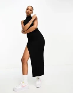 Bershka - Vestito Midi Accollato In Maglia Nero